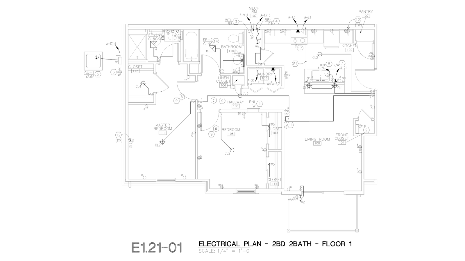 Apartment electrical plan drawing showing circuit and fixture layout.