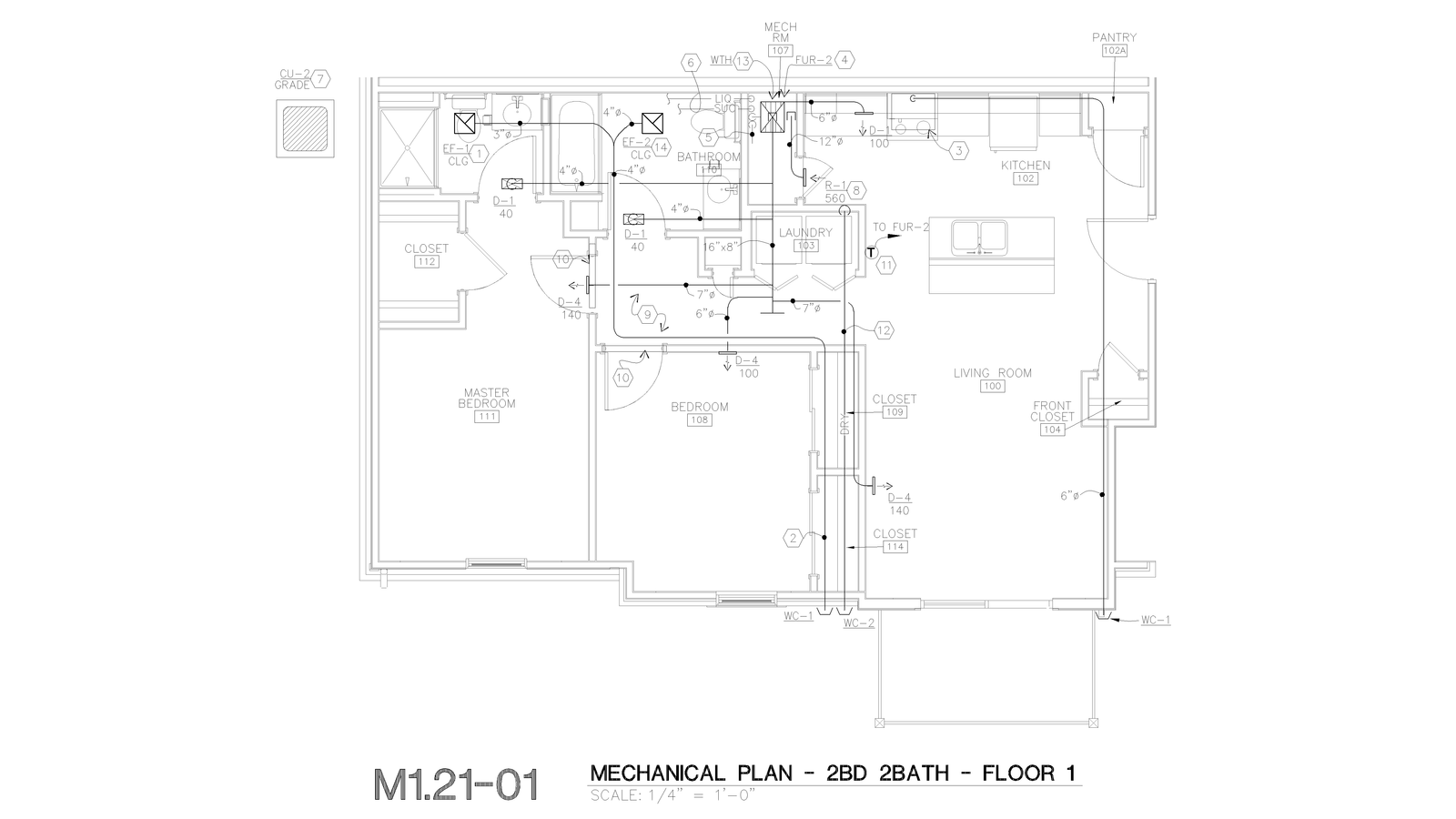 Apartment mechanical plan drawing showing HVAC ductwork layout.