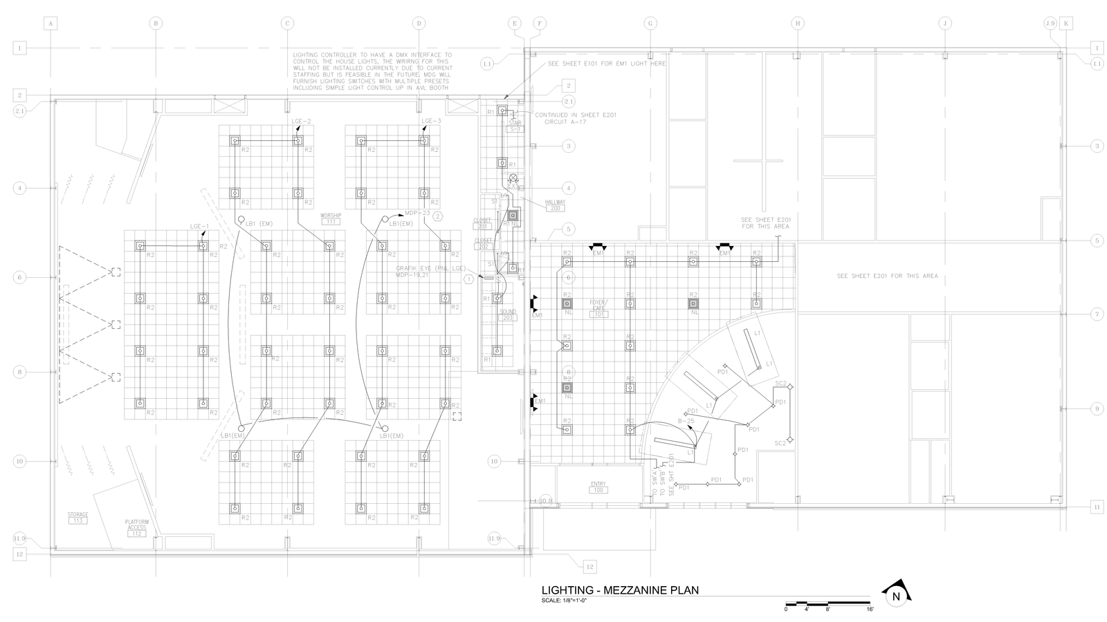 Mezzanine lighting plan drawing showing fixture layout.