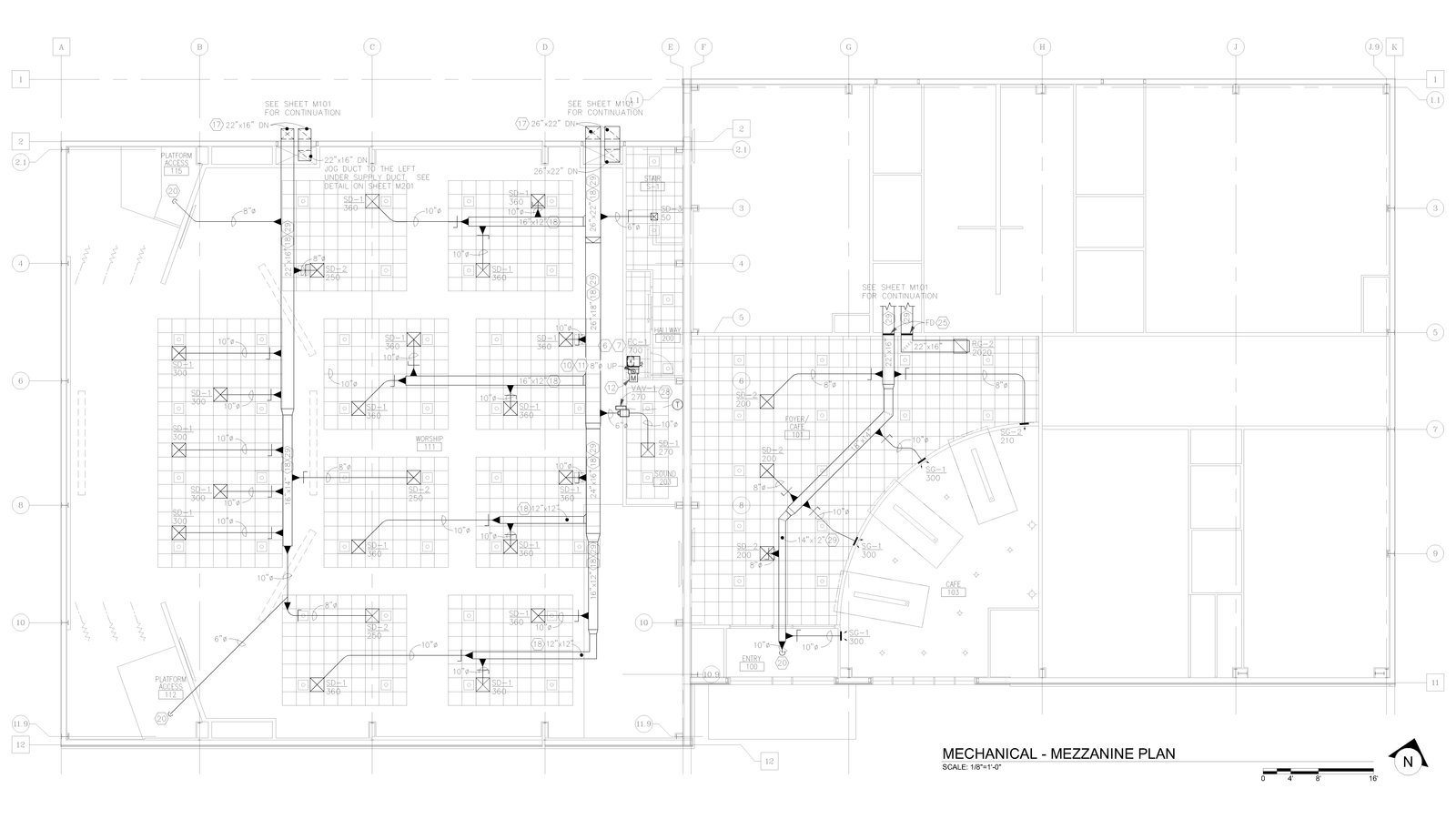 Mezzanine mechanical plan drawing showing HVAC ductwork layout.