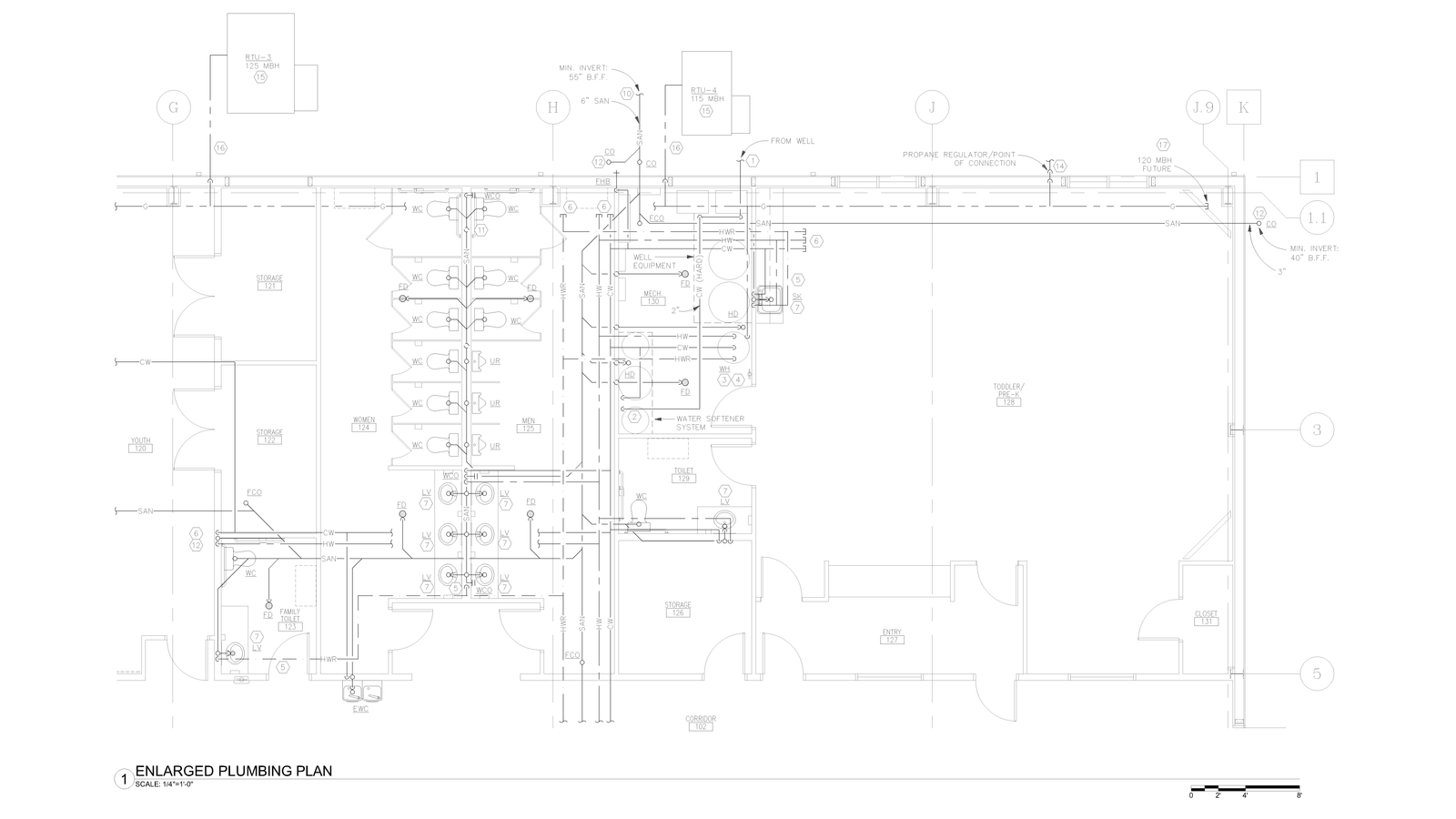 Plumbing plan drawing showing supply and waste piping layout.