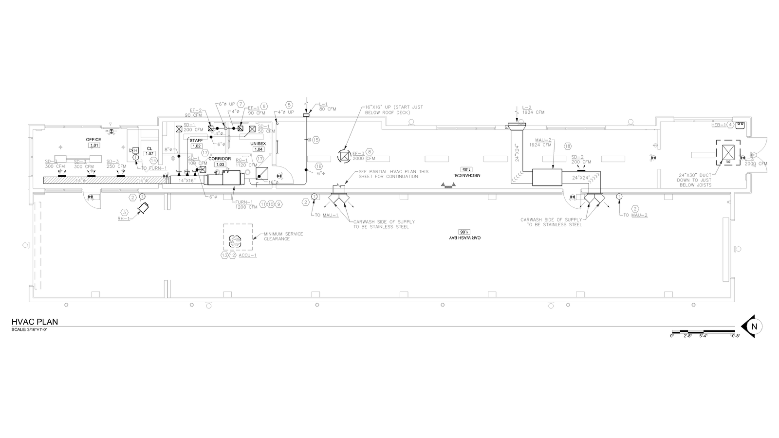 Mechanical plan drawing showing HVAC ductwork layout.