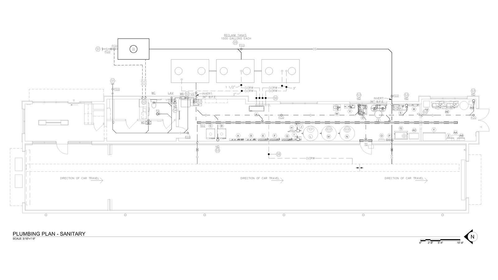 Sanitary plan drawing showing waste and vent piping layout.