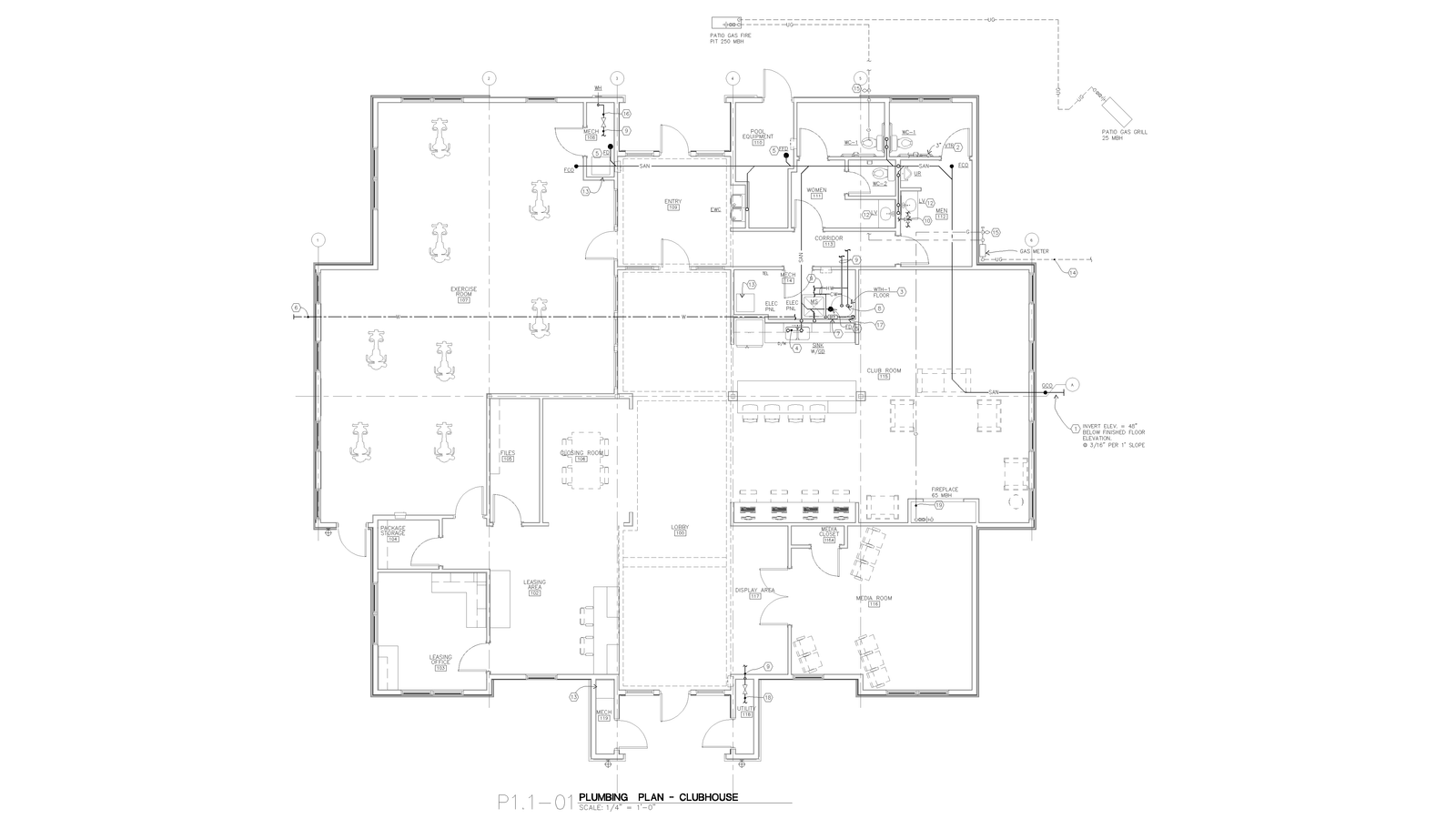 Clubhouse plumbing plan drawing showing supply and waste piping layout.