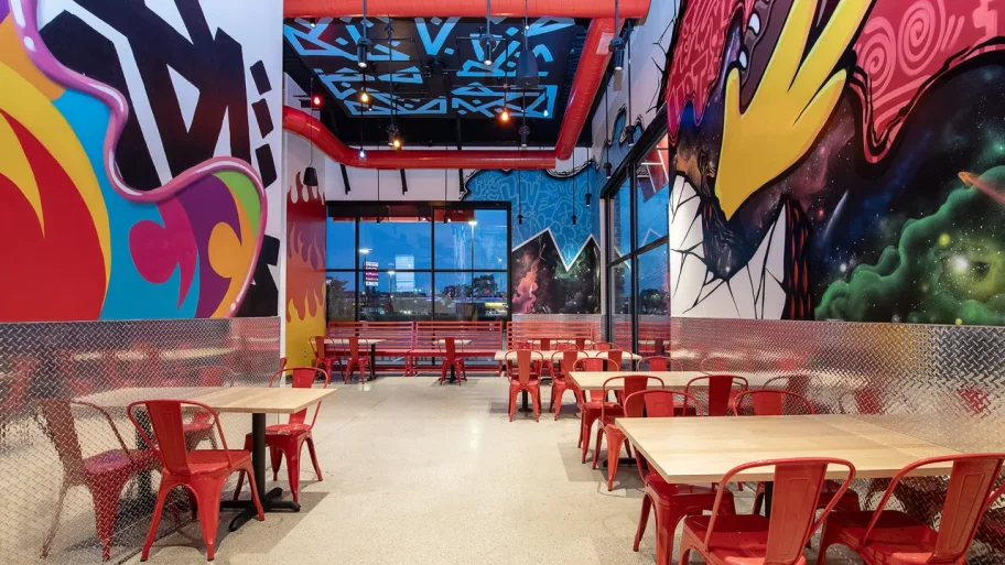Dining area with graffiti murals, diamond plate wainscot, and pendant lighting below a painted ceiling.