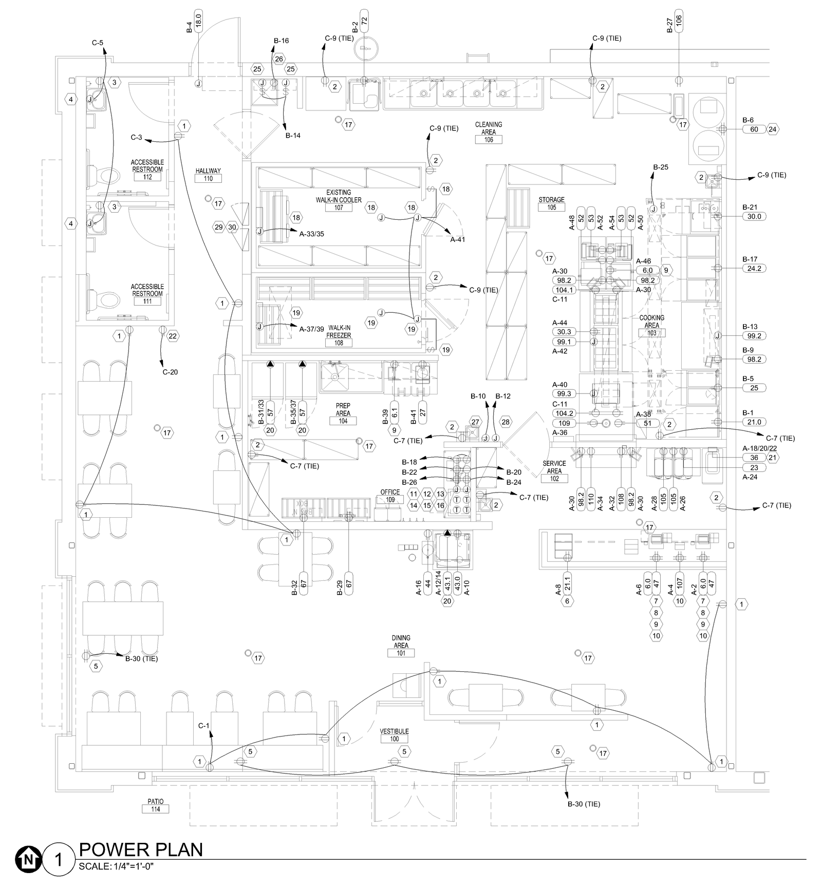 Electrical power plan drawing showing circuit layout.