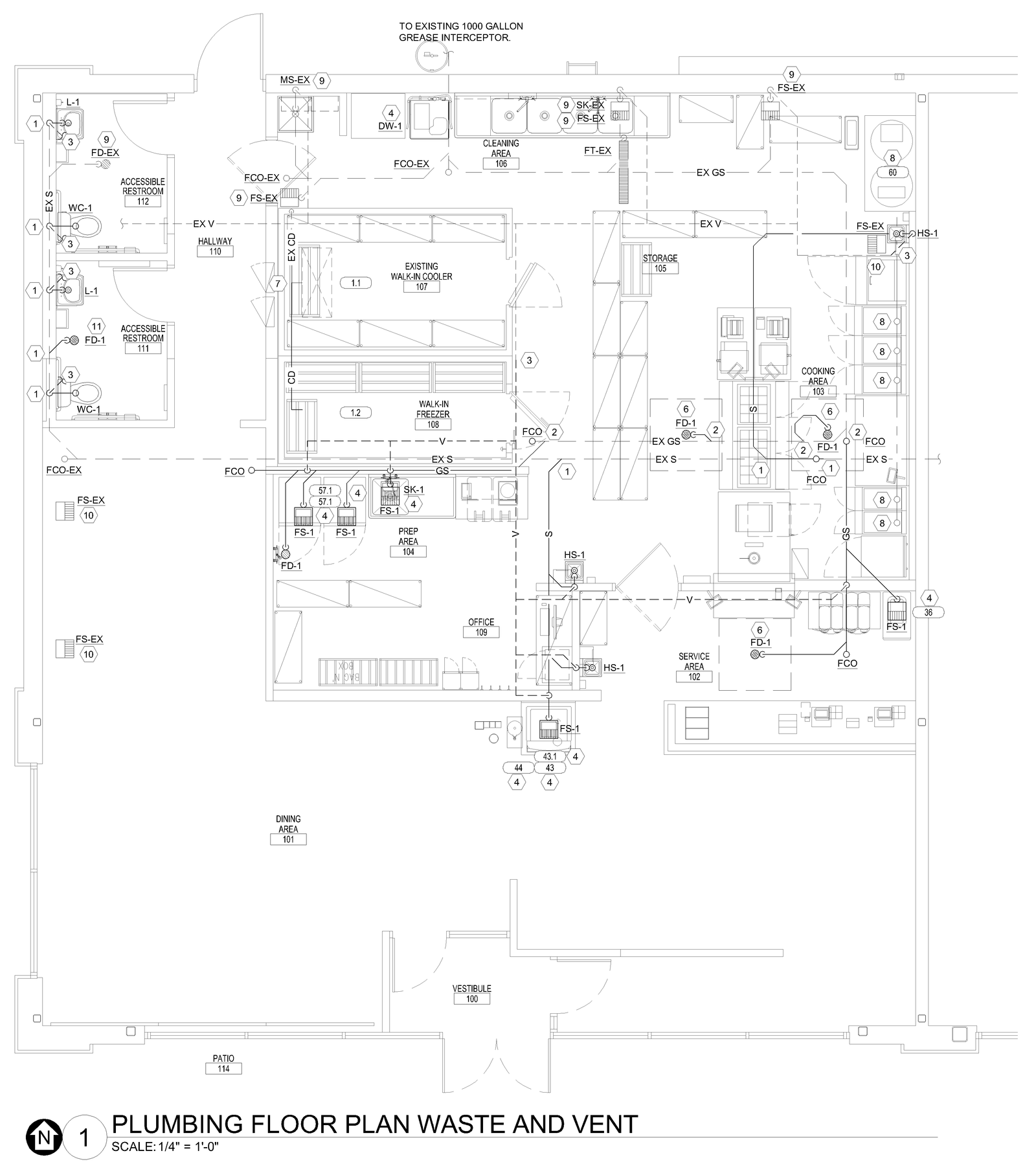 Sanitary plan drawing showing waste and vent piping layout.