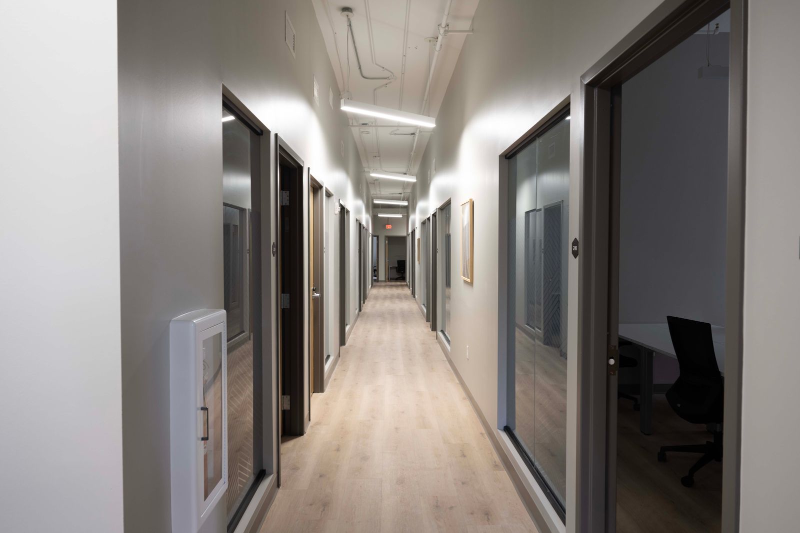 Renovated corridor with wood-look flooring, linear LED fixtures, and exposed sprinkler piping.