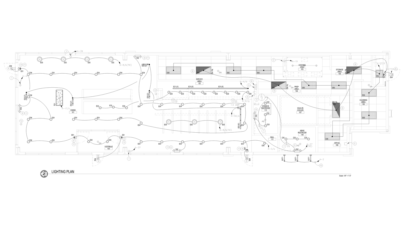 Electrical lighting plan drawing showing fixture layout.