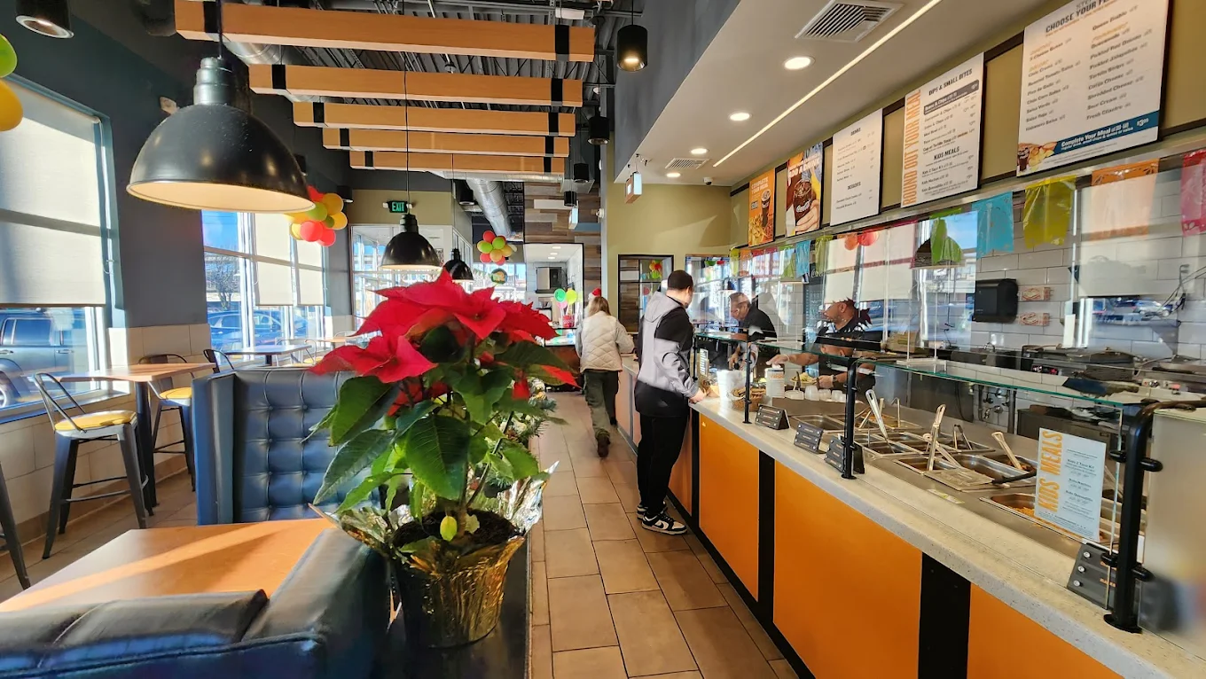 Qdoba restaurant dining area interior.