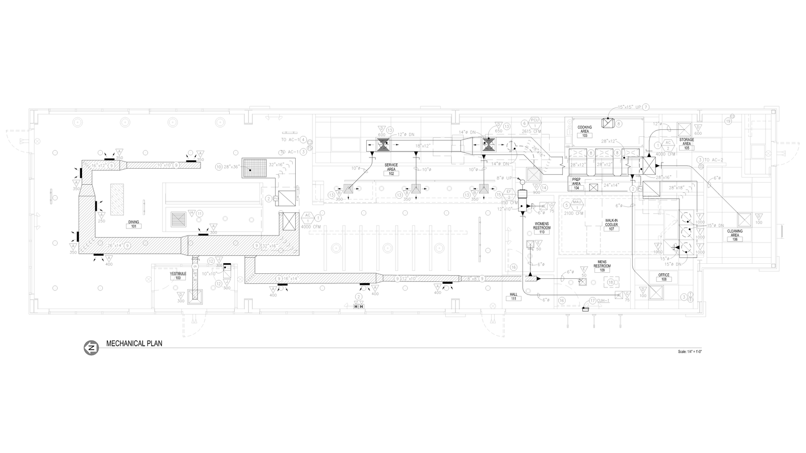 Mechanical plan drawing showing HVAC ductwork layout.