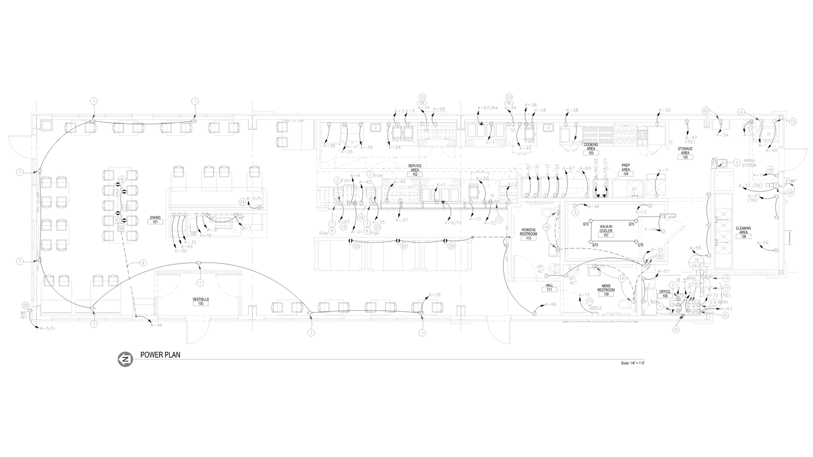 Electrical power plan drawing showing circuit layout.