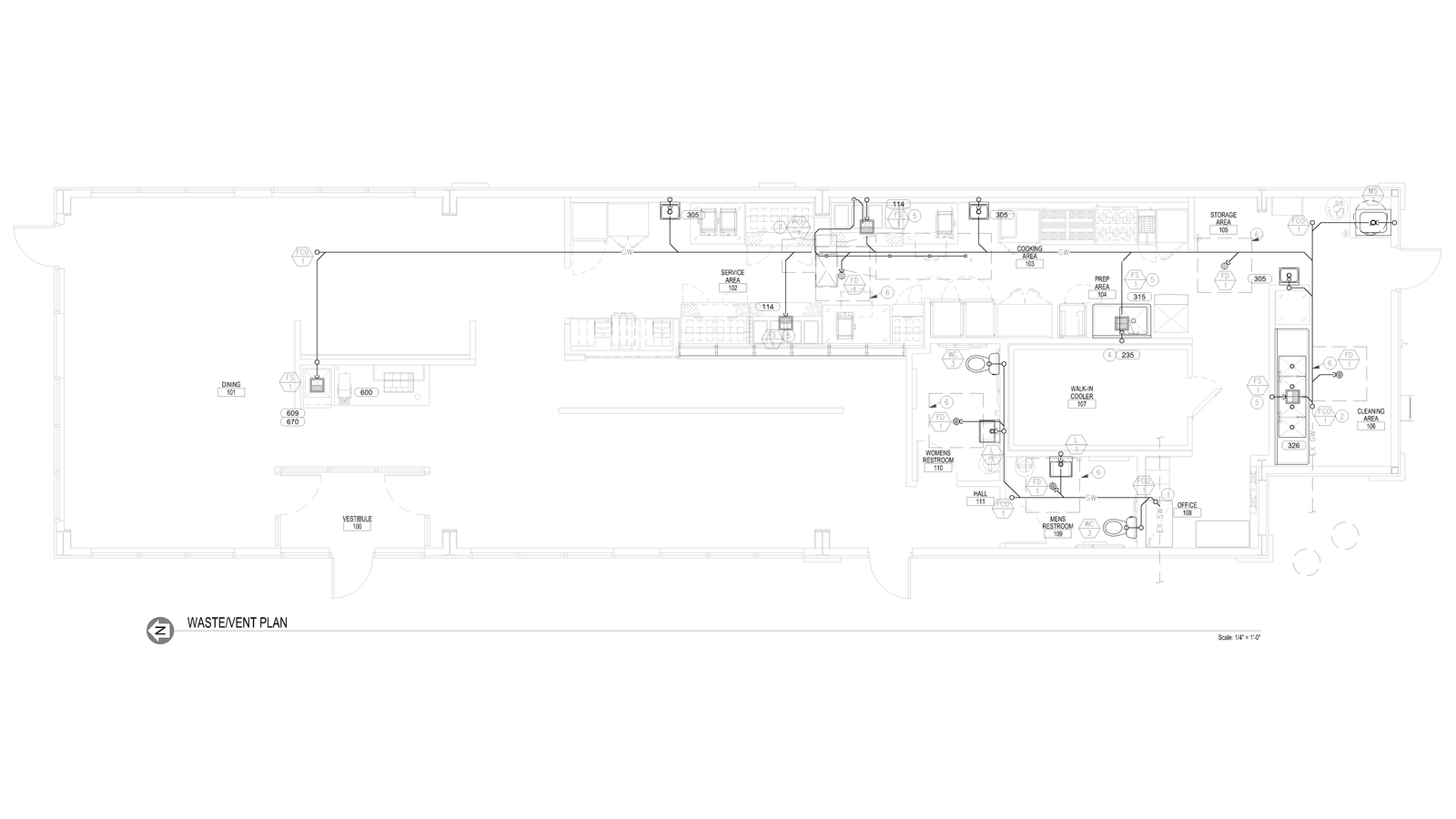 Sanitary plan drawing showing waste and vent piping layout.