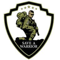 Save A Warrior shield emblem with soldier silhouette.